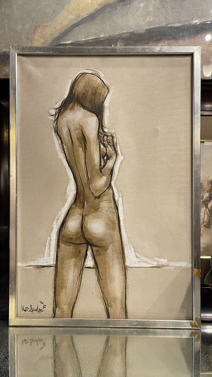 Francis Verlinden, Painting "naked Woman From Behind", Oil On Canvas Dated 1974-photo-2